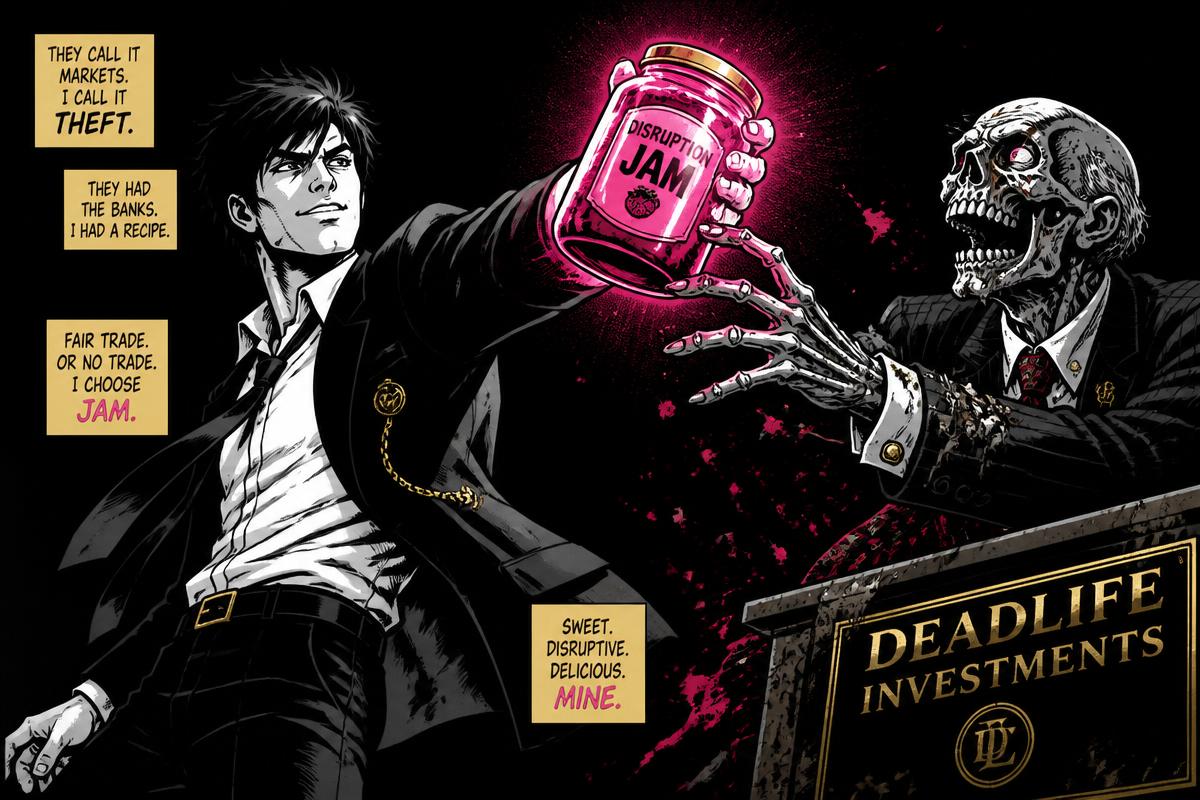 Founder yanks a jar of jam away from a zombie banker